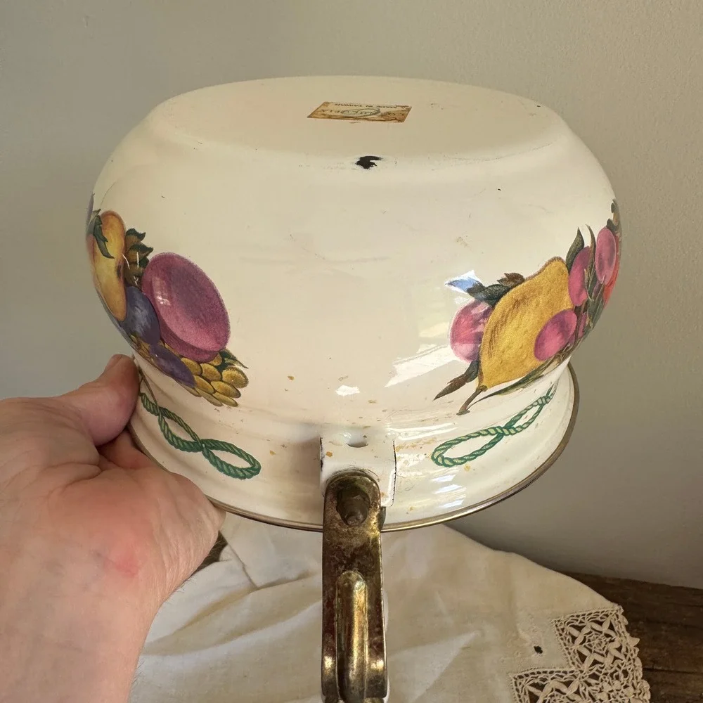 Vintage Cornucopia Fruit Enamel Tea Kettle Brass Handle Cottagecore White Teapot